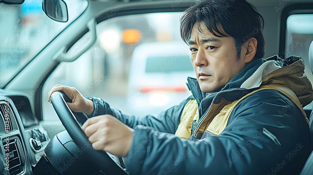 A Man Drives a Car in the Rain, Concentrating on the Road A Man Drives a Car in the Rain, Concentrating on the Road