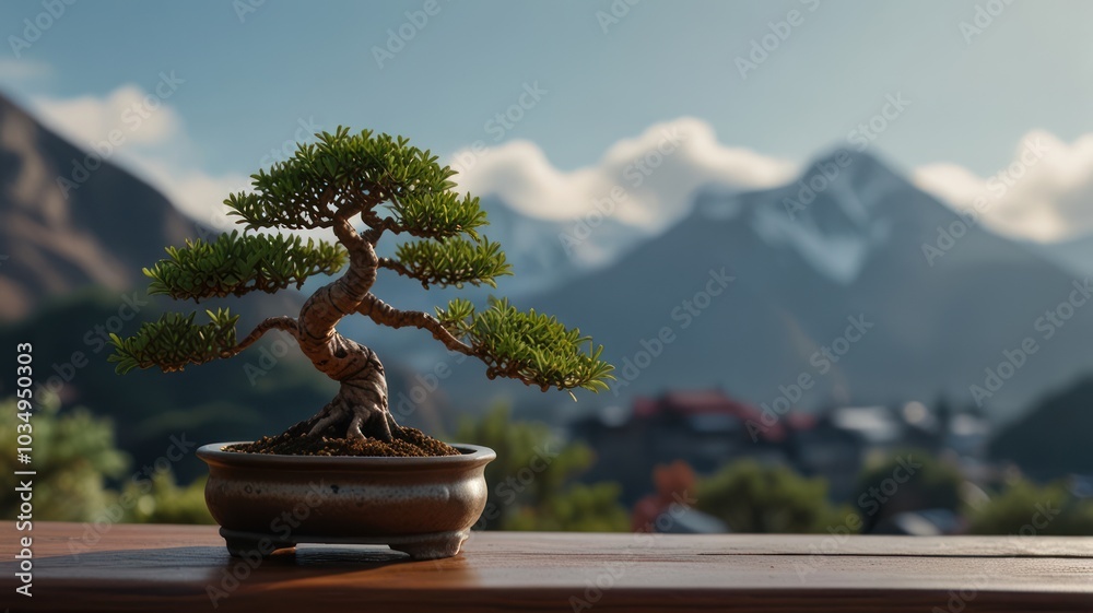 A small bonsai tree in a pot with a mountain range in the background.