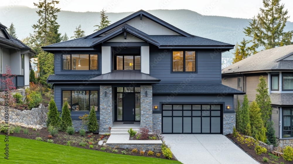 Obraz premium Modern house with light gray siding and natural stone facade, a single-car garage, and minimalist landscaping