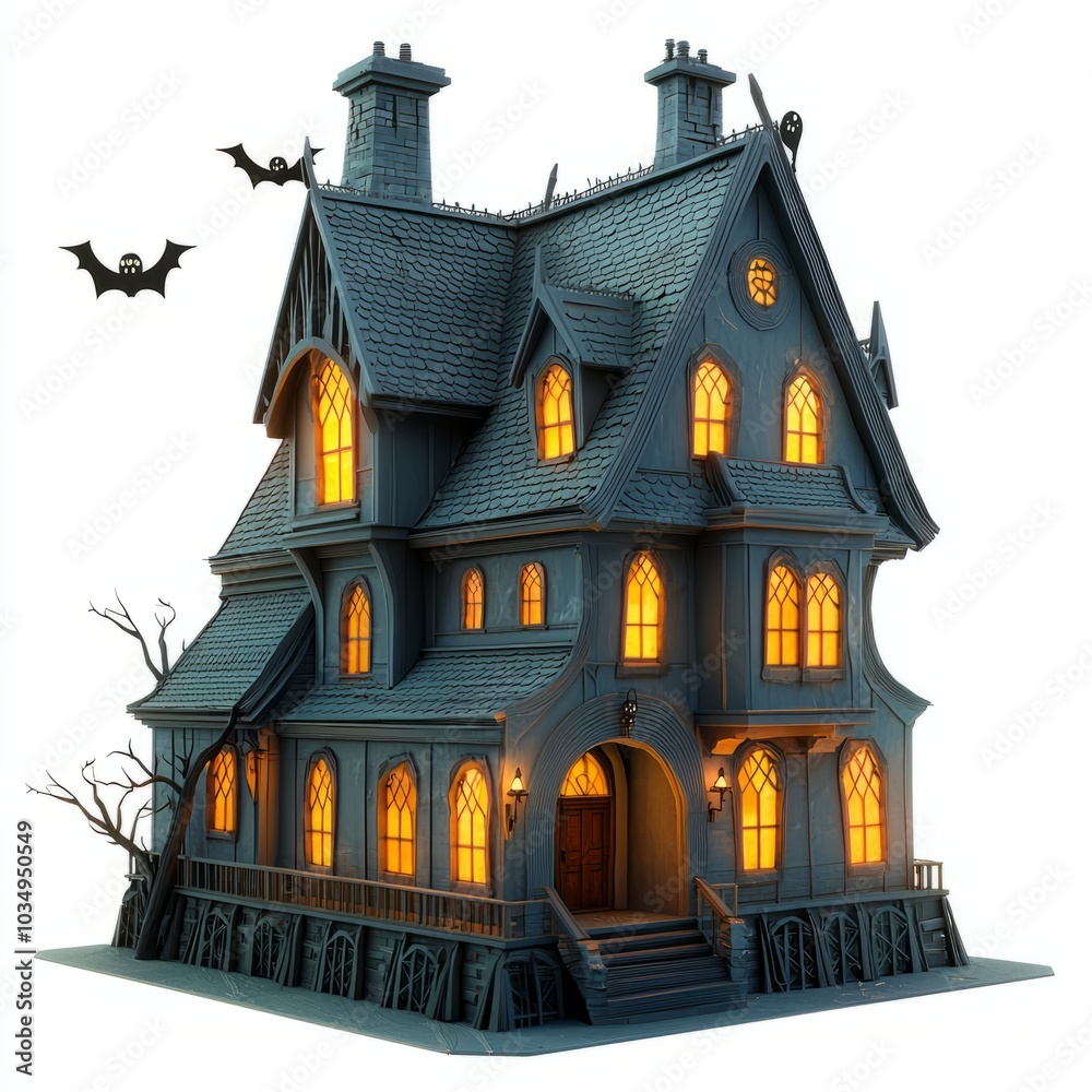 3D Render, Low Poly style of a haunted house with ghostly windows, on isolated white background 3D Render, Low Poly style of a haunted house with ghostly windows, on isolated white background