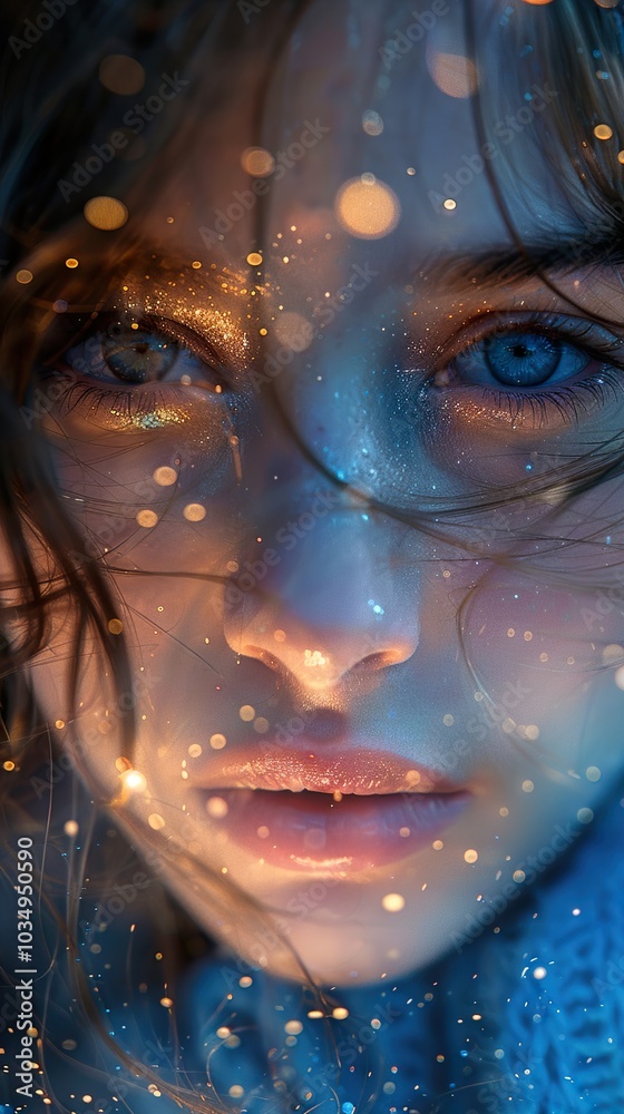 Close-up Portrait of a Woman with Glowing Eyes and Glitter Close-up Portrait of a Woman with Glowing Eyes and Glitter