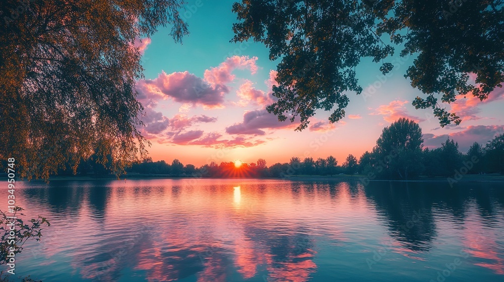 Serene Sunset Over Calm Lake with Colorful Sky Serene Sunset Over Calm Lake with Colorful Sky