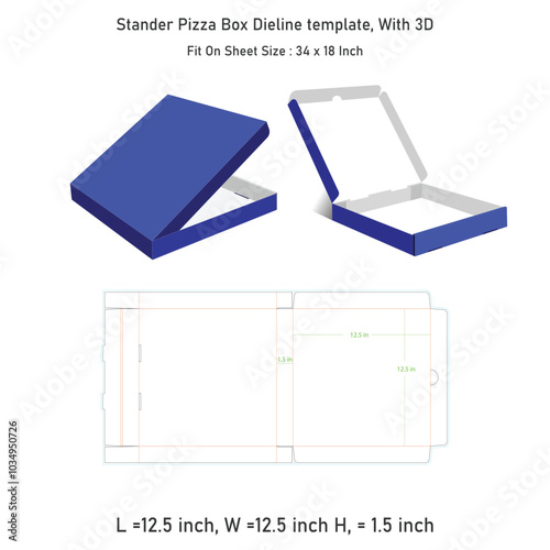 Stander Pizza box dieline template and 3D, vector file