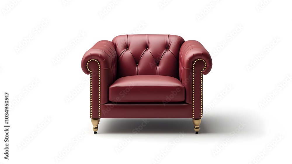 Elegant Leather Armchair with Brass Accents on Plain Background Elegant Leather Armchair with Brass Accents on Plain Background