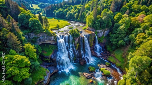 Majestic Aerial View of a Cascading Waterfall Flowing Down a Lush Hillside Surrounded by Vibrant Greenery and Rocks, Perfect for Nature Lovers and Scenic Photography Enthusiasts