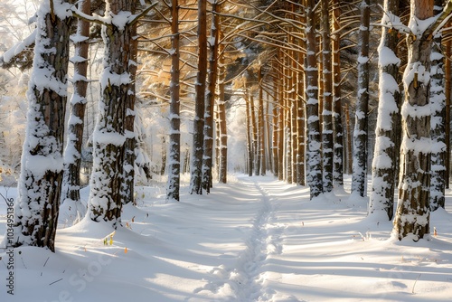 Serene Winter Pathway Through a Snow-Covered Forest