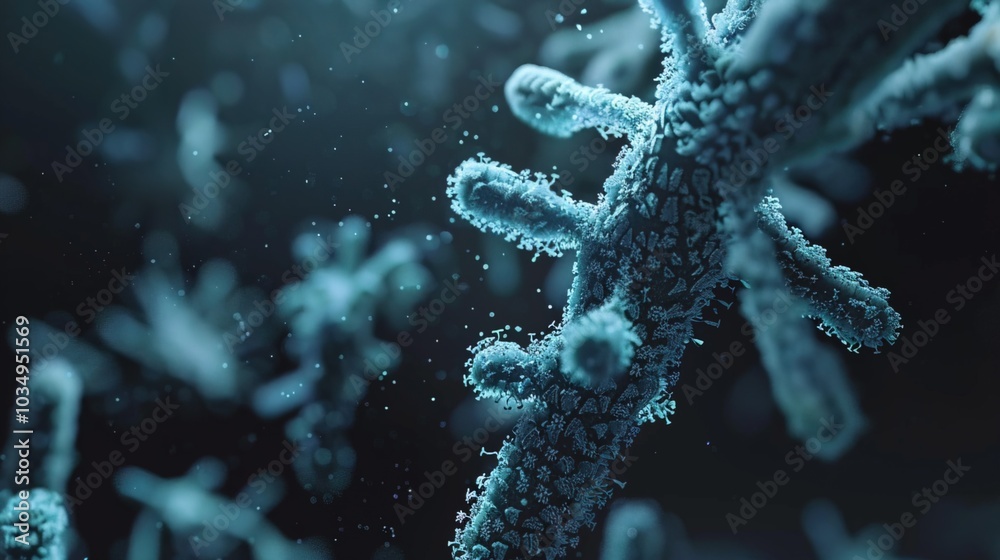 Fototapeta premium Ancient microbes under microscope reveal intricate cellular structures, showcasing their mysterious and ancient nature, ideal for scientific and educational content.