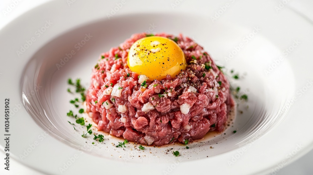 Steak Tartare served on a white ceramic plate, illuminated by studio lighting to highlight the finely chopped beef mixed with egg yolk and spices