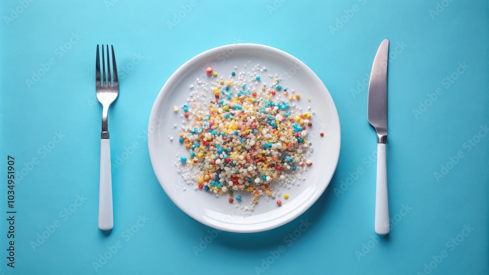Microplastic Pollution in a White Dish with Cutlery on a Pastel Blue Background - Conceptual Product Photography Highlighting Environmental Issues Microplastic Pollution in a White Dish with Cutlery on a Pastel Blue Background - Conceptual Product Photography Highlighting Environmental Issues