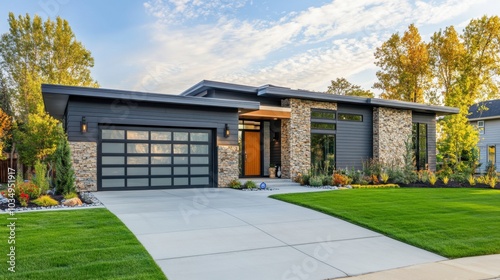 New contemporary home with a natural stone facade, gray siding, and a single-car garage, modern and inviting