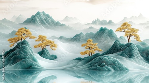 Serene Jade and Gold Mountain Landscape
