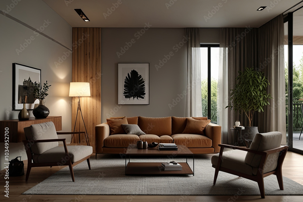 Fototapeta premium Stylish Minimalist Living Room: Sleek Velvet Sofa and Warm Wooden Accents