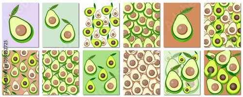 Set of avocados art prints. Vector illustration. Healthy fruit design.