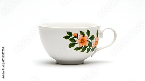 Elegant Antique Porcelain Teacup with Floral Patterns on White Background