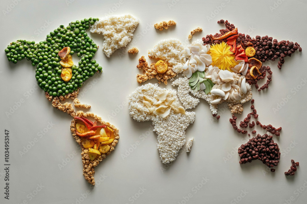 Artistic world map created with various foods showcasing global culinary diversity Artistic world map created with various foods showcasing global culinary diversity