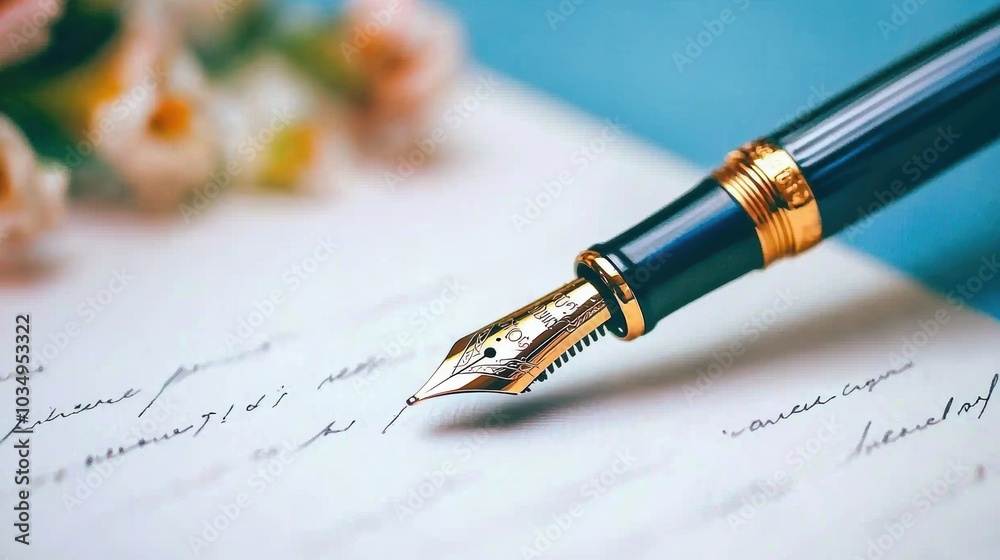 A graceful fountain pen rests on handwritten notes, accompanied by delicate flowers, evoking a sense of nostalgia and artistry. A graceful fountain pen rests on handwritten notes, accompanied by delicate flowers, evoking a sense of nostalgia and artistry.