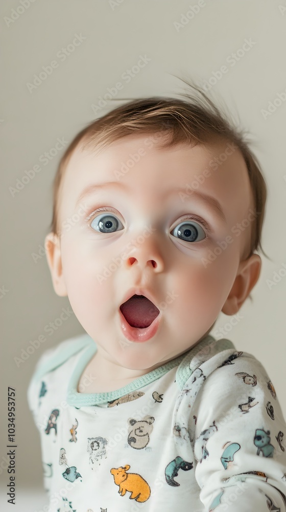 Cute baby with surprised expression in high key portrait Cute baby with surprised expression in high key portrait