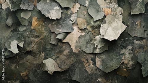 Olive drab military-inspired camouflage with a mix of abstract shapes and textures, evoking a tactical and rugged aesthetic.