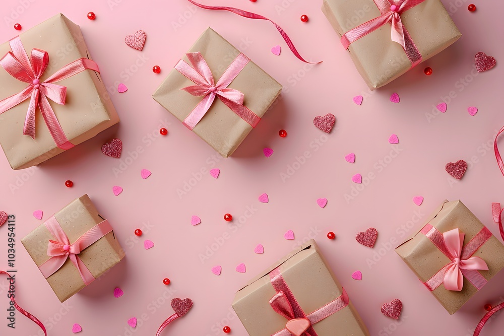 Charming Gift Boxes Surrounded by Hearts and Ribbons on a Pink Background Charming Gift Boxes Surrounded by Hearts and Ribbons on a Pink Background