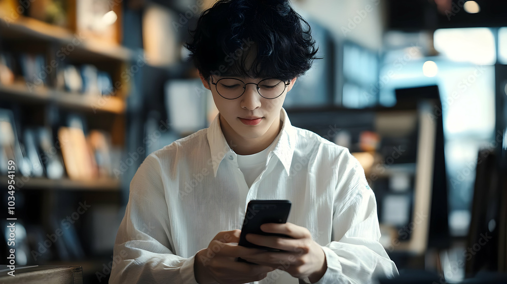 Man Using a Smartphone at a Cafe, Stylish Glasses, White Shirt, and Black Phone Man Using a Smartphone at a Cafe, Stylish Glasses, White Shirt, and Black Phone