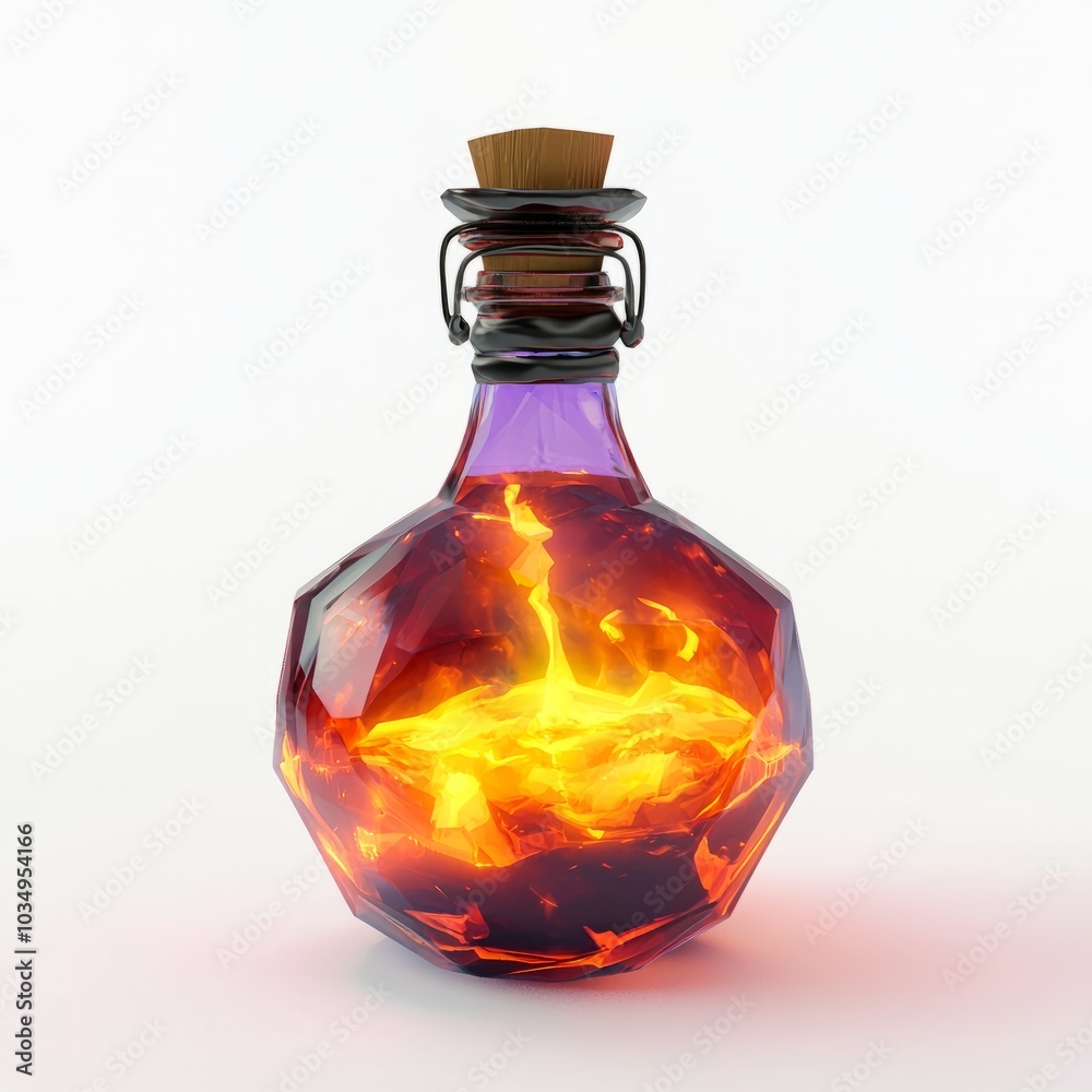 3D Render, Low Poly style of a potion bottle with glowing contents, on isolated white background 3D Render, Low Poly style of a potion bottle with glowing contents, on isolated white background