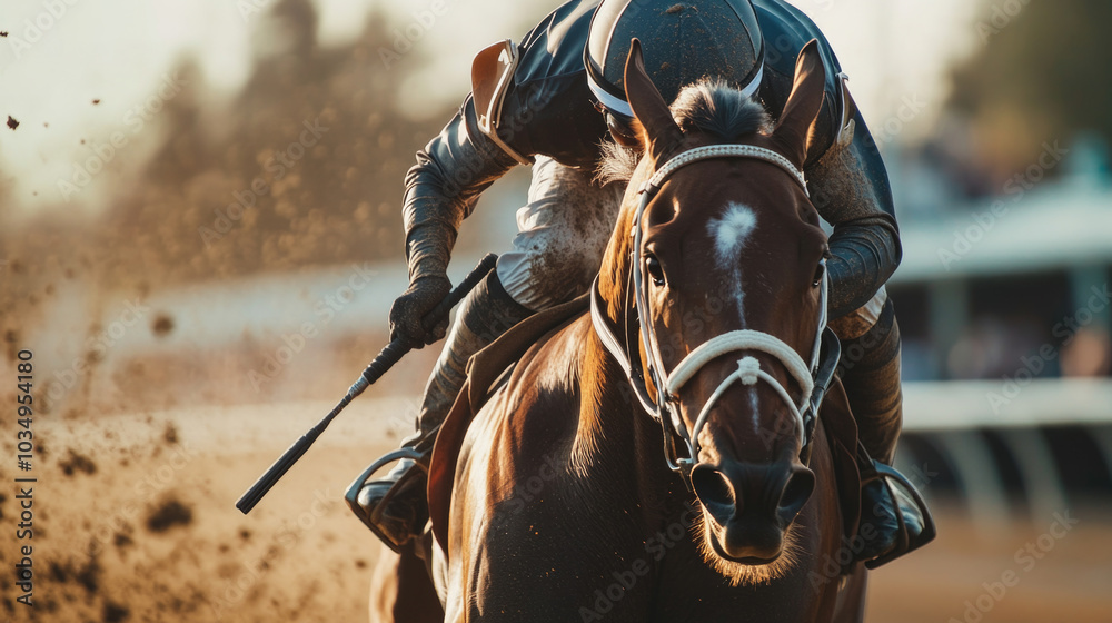Naklejka premium Dynamic horse racing scene with jockey and galloping thoroughbred at sunset
