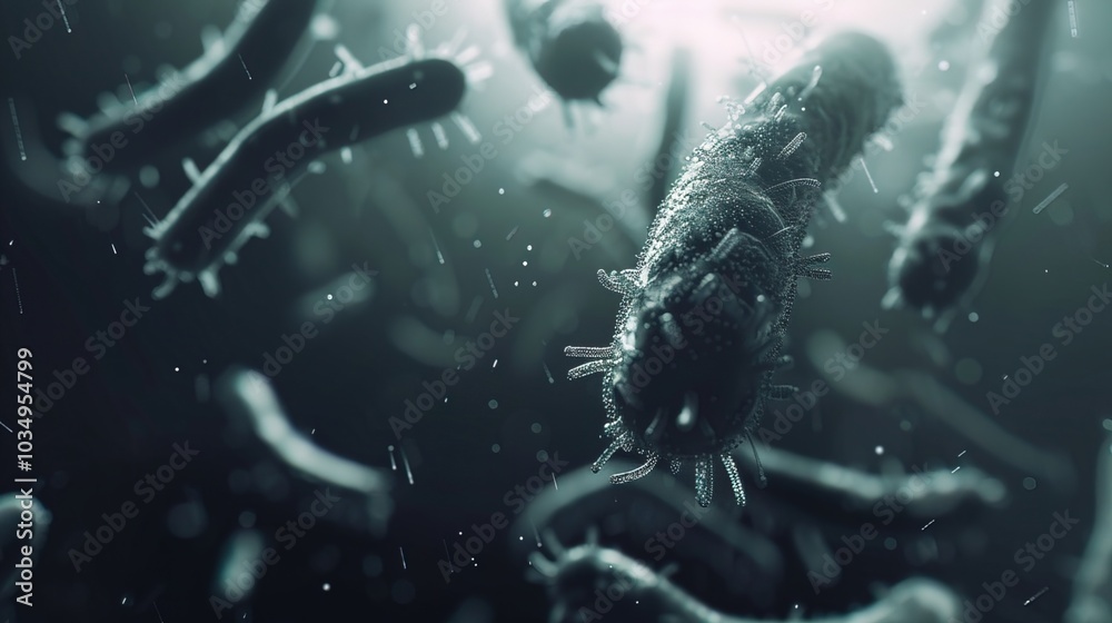 Fototapeta premium Ancient microbes under microscope reveal intricate cellular structures, showcasing their mysterious and ancient nature, ideal for scientific and educational content.