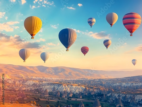 Colorful Air Balloons Floating Over Stunning Cappadocia Landscape at Sunrise or Sunset