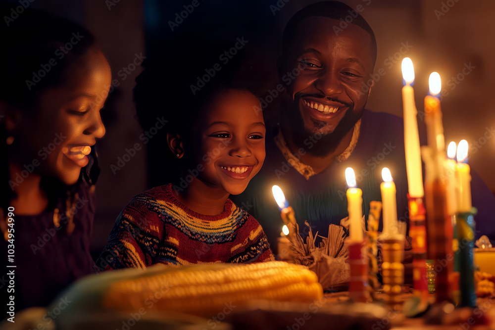 Happy Kwanzaa. Joyful African-American family at the festive table. Annual celebration of African-American culture Happy Kwanzaa. Joyful African-American family at the festive table. Annual celebration of African-American culture