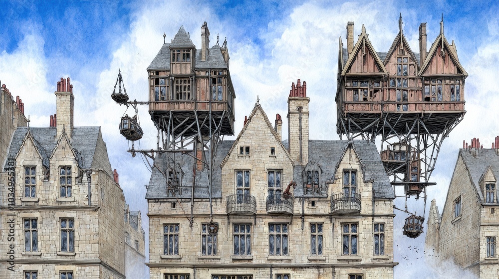 Fototapeta premium Enchanting Medieval Castle Town with Towering Spires and Scenic Backdrop