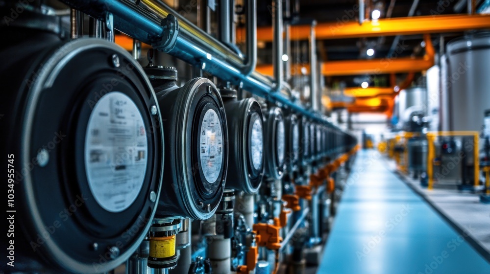 Fototapeta premium Rows of machinery inside a desalination plant processing seawater, emphasizing technology role in providing fresh water