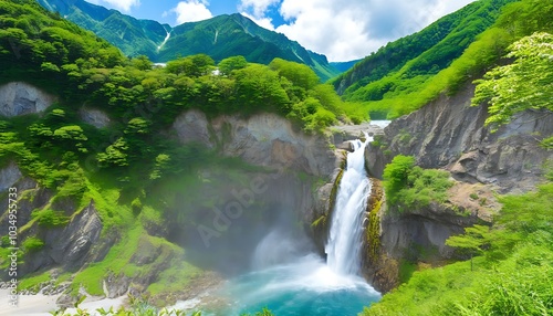 Peaceful scenery of Nagano, Japan, with crystal blue sky, mountains, lakes, and cascading waterfalls. photo