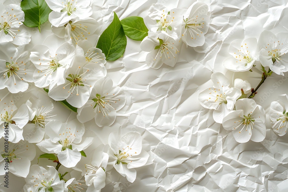 Delicate White Blossoms on Crumpled Paper Background Delicate White Blossoms on Crumpled Paper Background