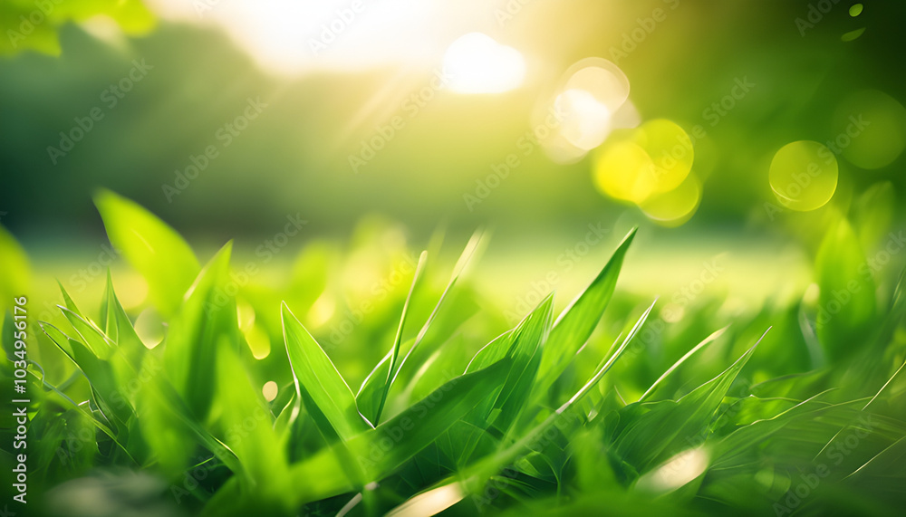Peace manifests itself in lush green fields bathed in soft sunlight. The foreground shows a close-up view of bright green grass, generative ai Peace manifests itself in lush green fields bathed in soft sunlight. The foreground shows a close-up view of bright green grass, generative ai