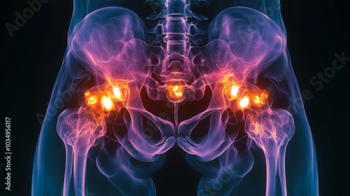 A digital rendering of the human hip bones, with the joints highlighted in red. The image is a medical illustration that depicts the location and appearance of inflamed joints.