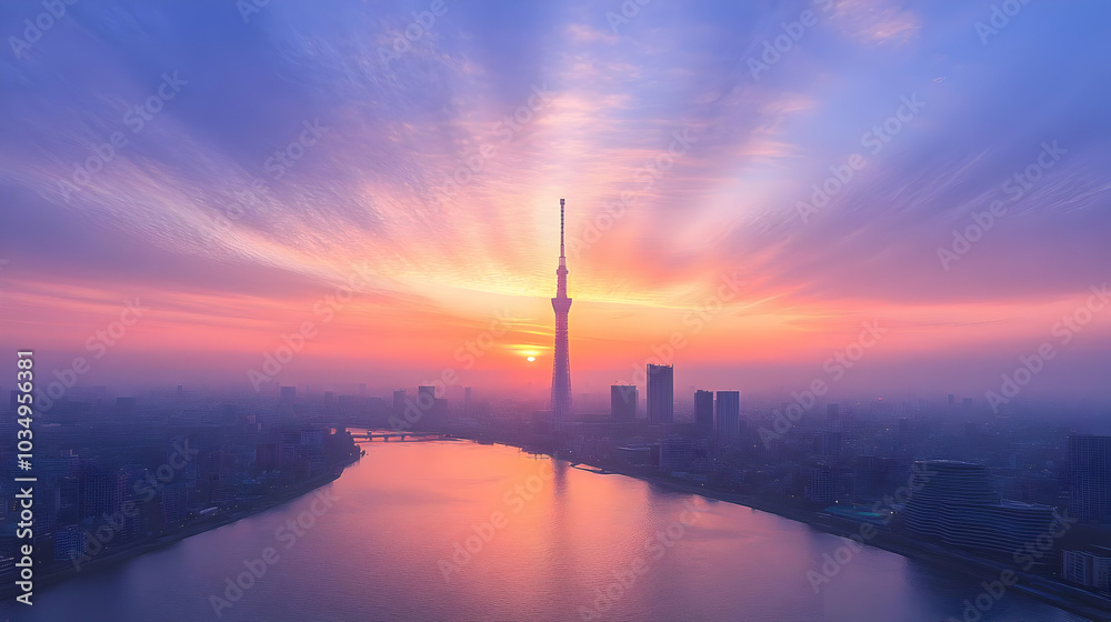 Cityscape with Tower at Sunset, Pink Sky with Clouds, Beautiful View of River and Skyline Cityscape with Tower at Sunset, Pink Sky with Clouds, Beautiful View of River and Skyline