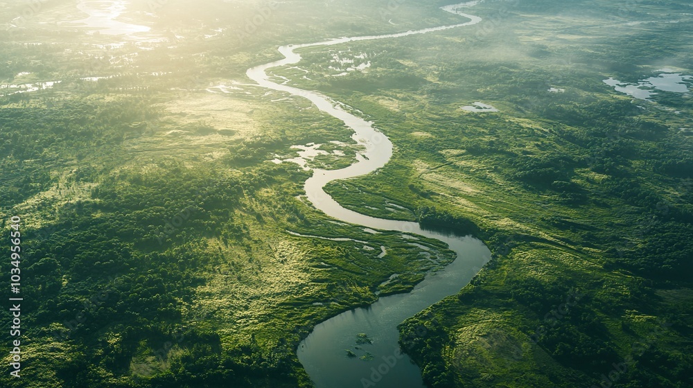 Serene Aerial View of Winding River in Lush Landscape Serene Aerial View of Winding River in Lush Landscape