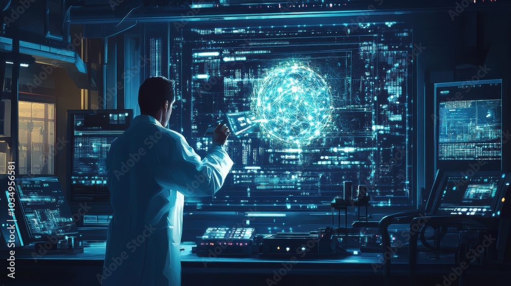 A scientist in a high-tech lab working on a glowing quantum computer, surrounded by intricate circuits A scientist in a high-tech lab working on a glowing quantum computer, surrounded by intricate circuits