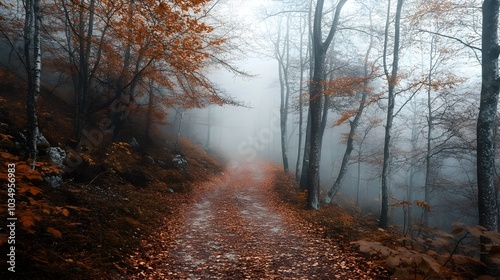 Mysterious Autumnal Forest Path Shrouded in Misty Fog