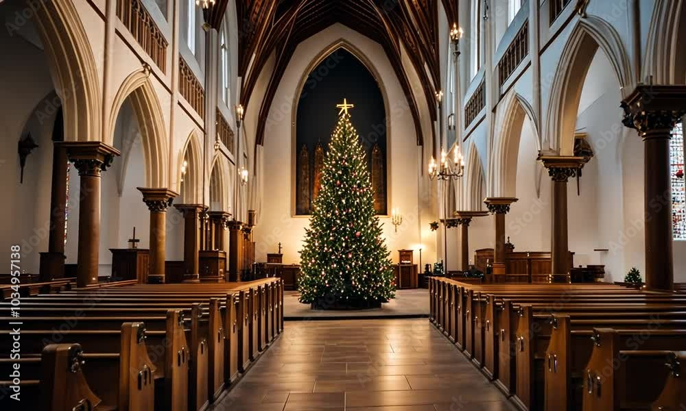 A beautifully decorated church interior with a Christmas tree, showcasing festive ambiance. A beautifully decorated church interior with a Christmas tree, showcasing festive ambiance.