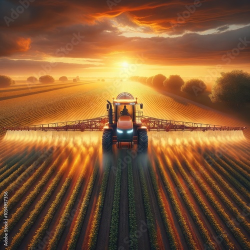 Obraz na płótnie Modern Tractor Spraying Pesticides in a Crop Field at Sunset, Highlighting Advanced Agricultural Techniques with Precision Spraying and Warm Rural Landscape Under a Colorful Sky w salonie
