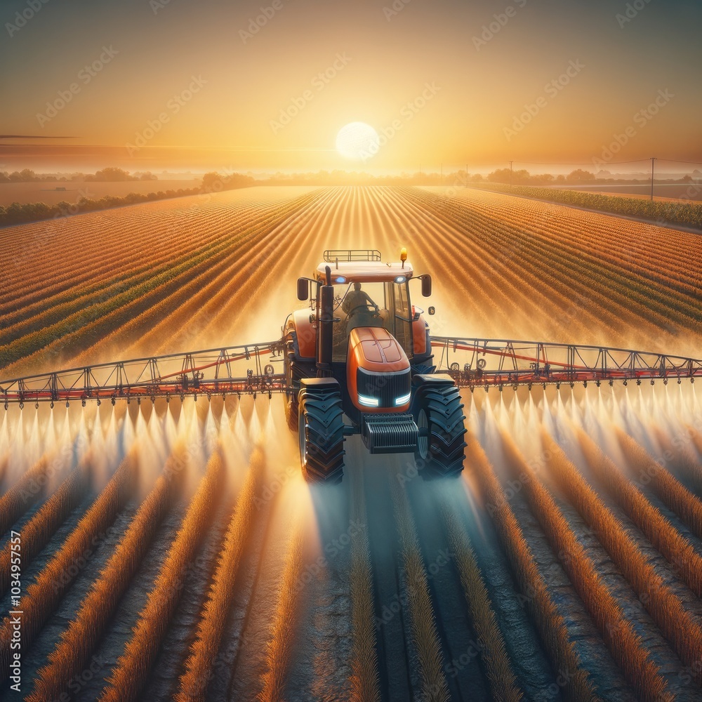 Modern Tractor Spraying Pesticides in a Crop Field at Sunset, Highlighting Advanced Agricultural Techniques with Precision Spraying and Warm Rural Landscape Under a Colorful Sky Modern Tractor Spraying Pesticides in a Crop Field at Sunset, Highlighting Advanced Agricultural Techniques with Precision Spraying and Warm Rural Landscape Under a Colorful Sky