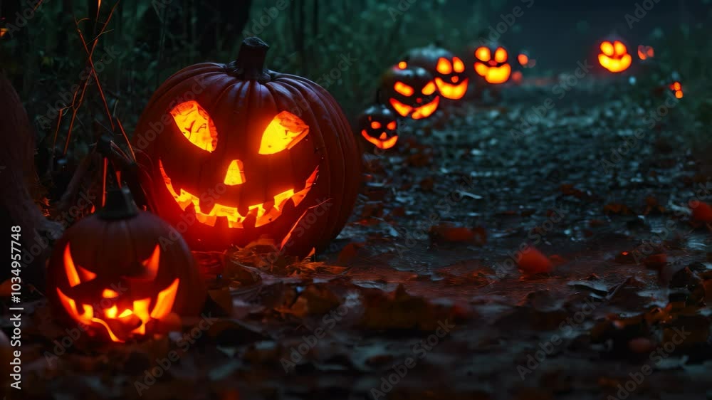 A collection of carved jack o lantern pumpkins arranged in a group on a pathway, Grinning jack o' lanterns illuminating a dark pathway A collection of carved jack o lantern pumpkins arranged in a group on a pathway, Grinning jack o' lanterns illuminating a dark pathway