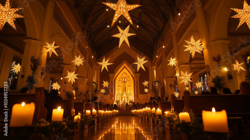 The church is filled with worshippers during Simbang Gabi, candles are lit to illuminate the beautiful room, the ceiling of the church is decorated with the typical Philippine parol star ornaments. 