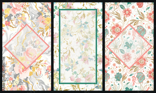 Wallpaper Mural Vintage Floral Watercolor Frames with Gold Accents Torontodigital.ca