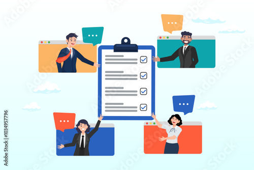 Meeting agenda, strategy planning communication, checklist or todo list for teamwork, brainstorm or work discussion, task or meeting reminder clipboard, business people meeting with agenda checklist