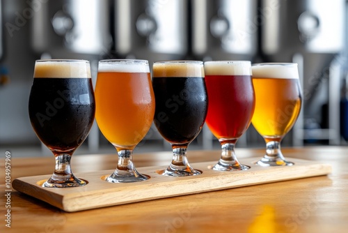 A flight of craft beers on a wooden plank, with each glass showing off vibrant colors and frothy heads, set against a trendy brewery backdrop with stainless steel tanks. photo