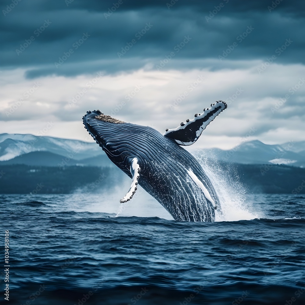 Fototapeta premium Majestic Humpback Whale Breaching Turbulent Ocean Surface