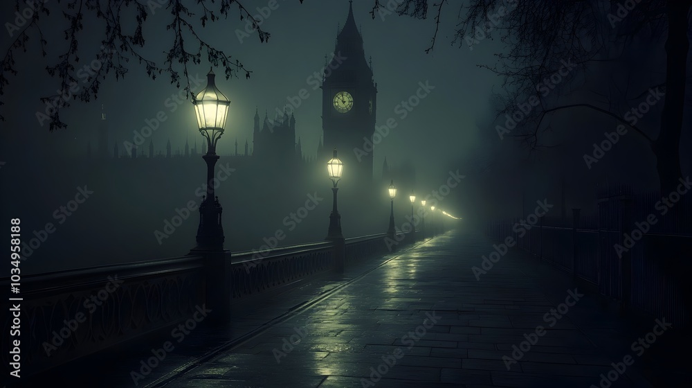 custom made wallpaper toronto digitalFoggy Victorian Era London Street at Night with Glowing Street Lamps