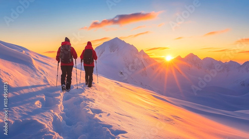 Adventurous winter hike at sunrise in snowy mountain landscape